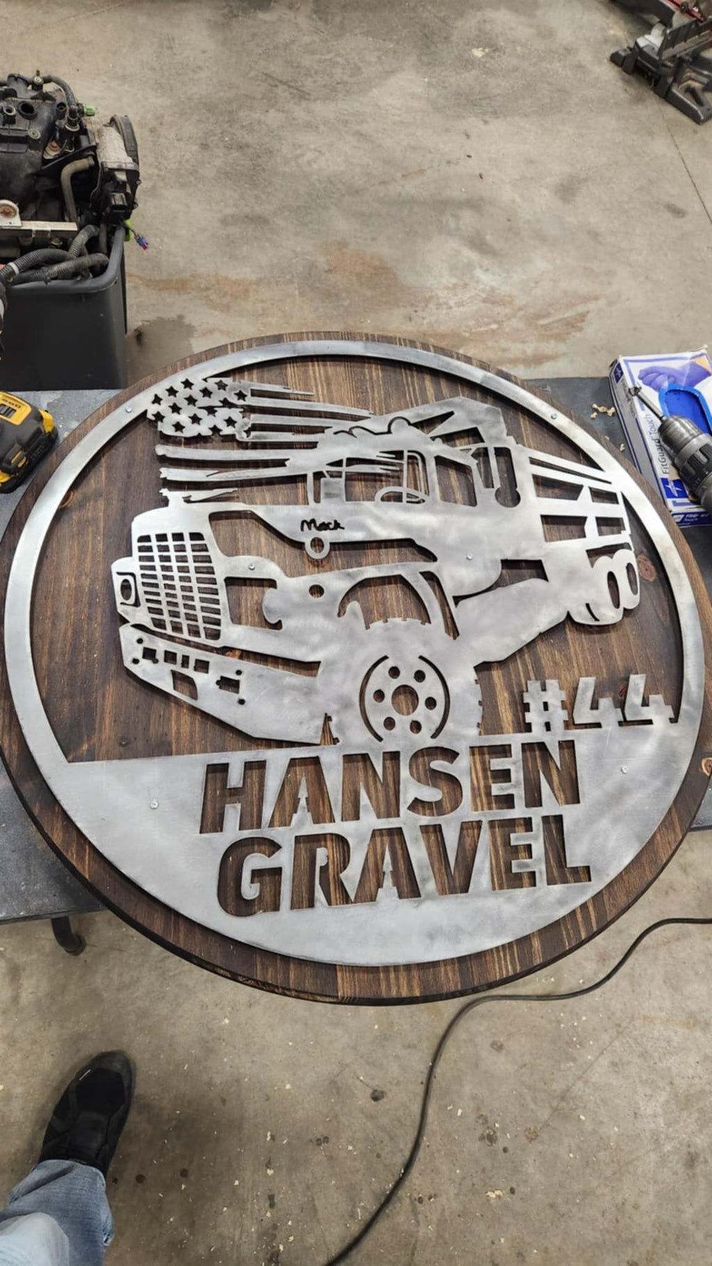 Dump Truck Flag Name Sign finished metal example