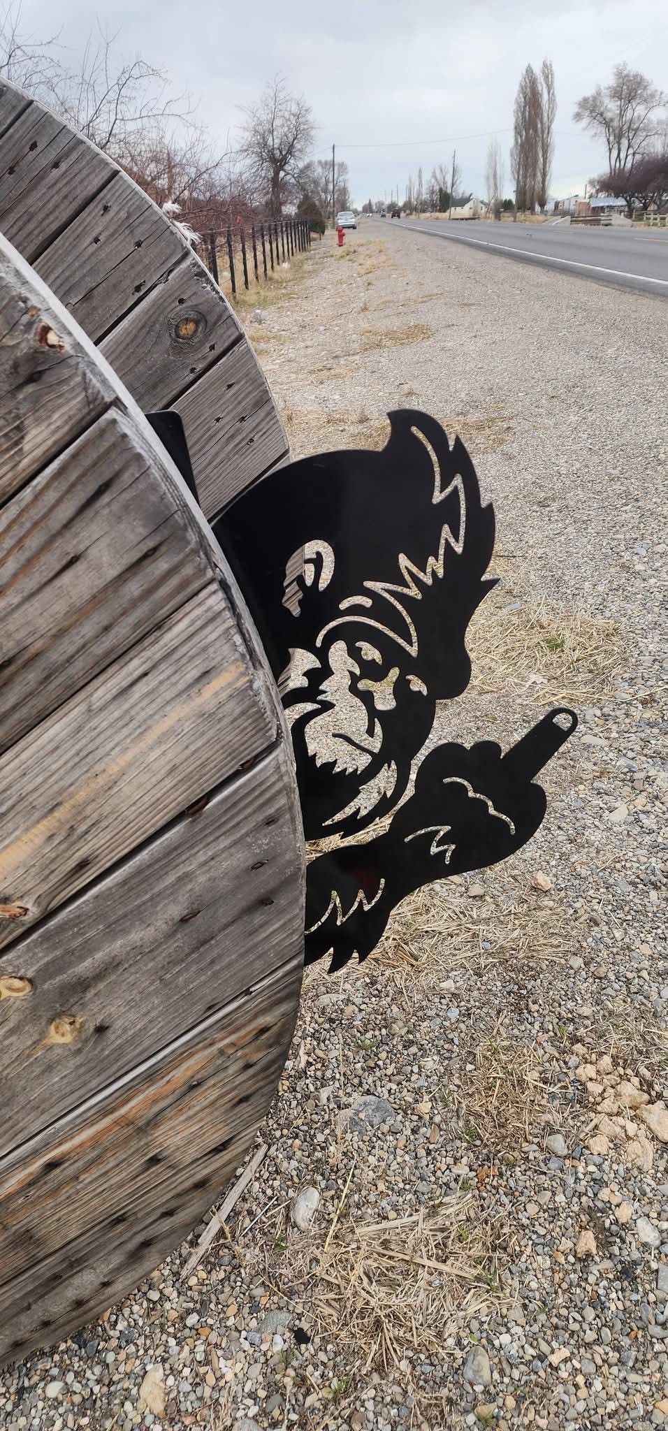 Peeking Bigfoot Middle Finger, Fence Strip finished metal example (photo 2)