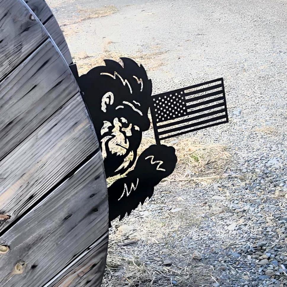 Peekaboo Bigfoot American Flag finished metal example