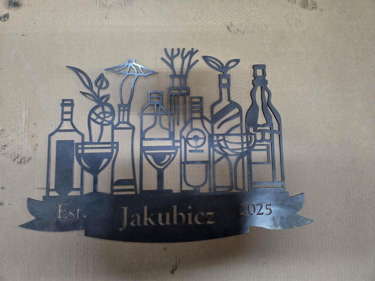 Liquor Bottles Personalized Bar Sign finished metal example (photo 3)