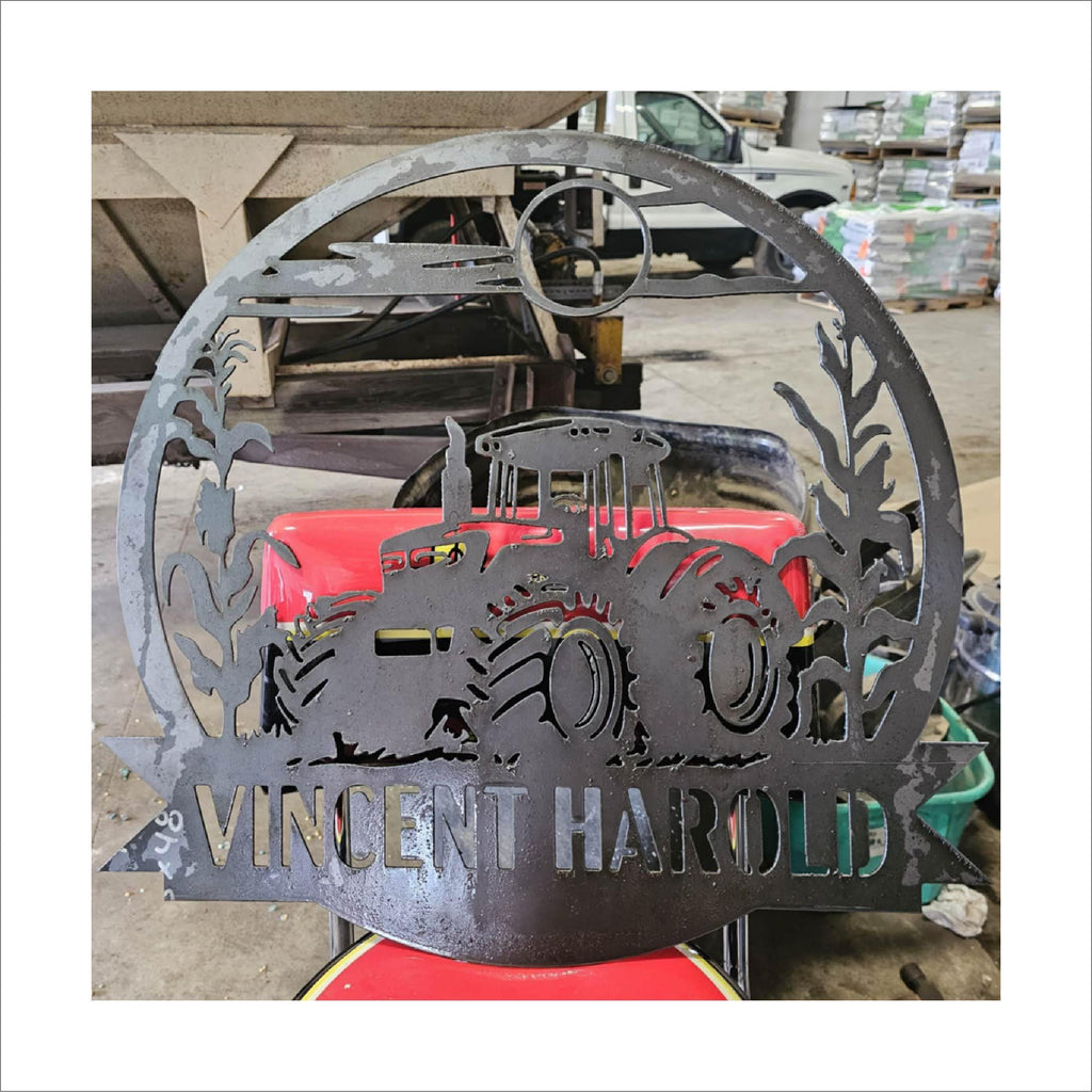 Corn Field Tractor Custom Name Sign finished metal example
