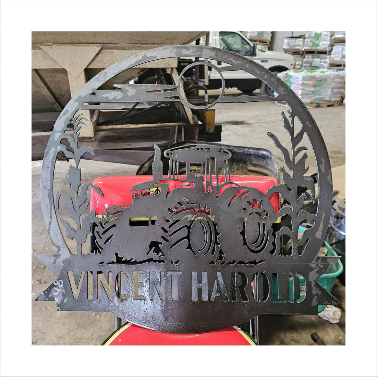 Corn Field Tractor Custom Name Sign finished metal example