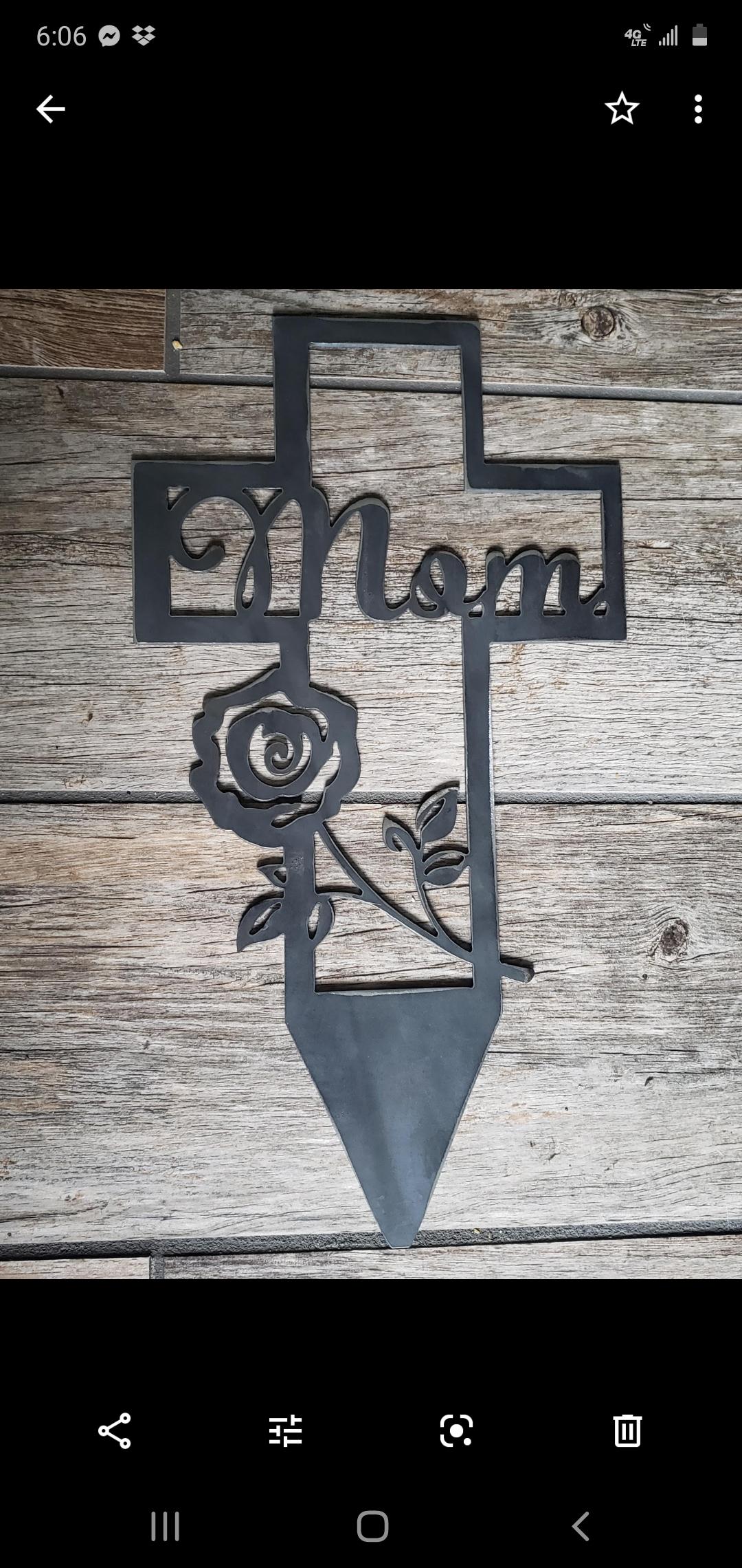 Mom Rose Cross Memorial Stake and Sign finished metal example