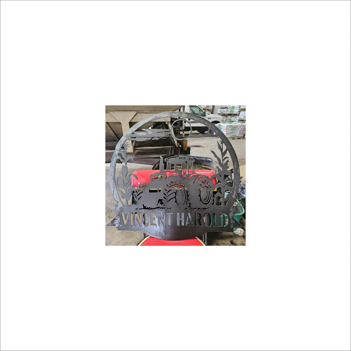 Corn Field Tractor Custom Name Sign finished metal example (photo 10)