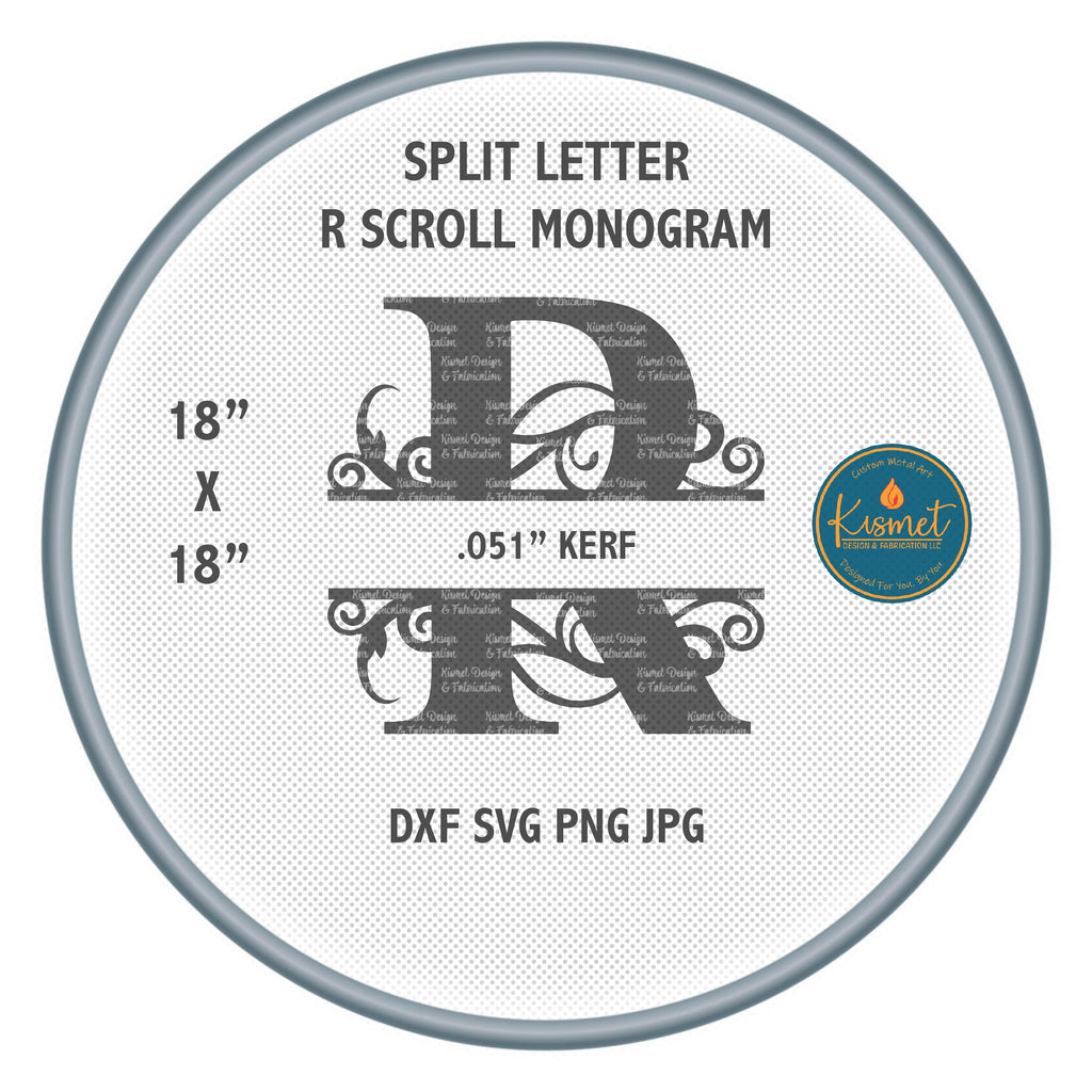 Scroll Serif Split Letter R Monogram DXF/SVG design preview with file details