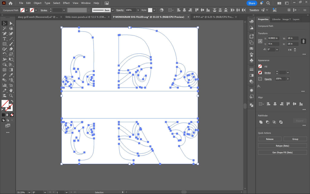 Scroll Serif Split Letter R Monogram vector paths in design software (photo 4)