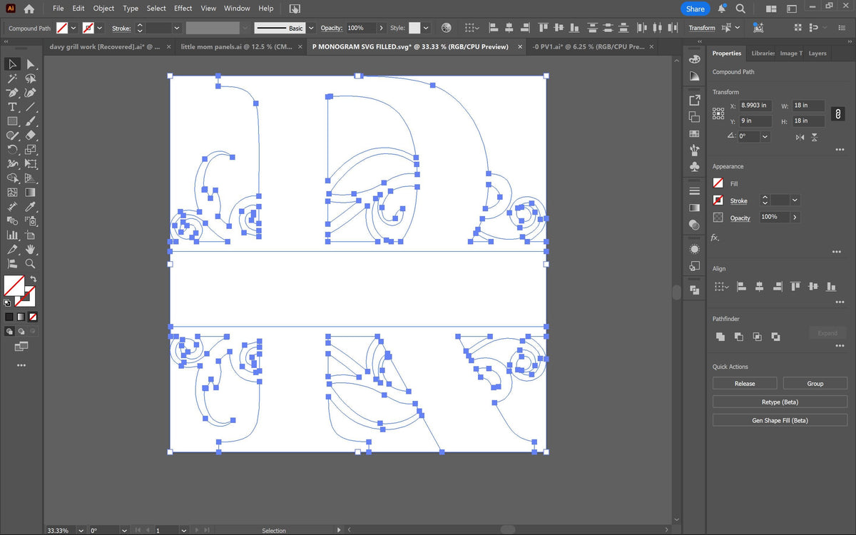 Scroll Serif Split Letter R Monogram vector paths in design software (photo 4)