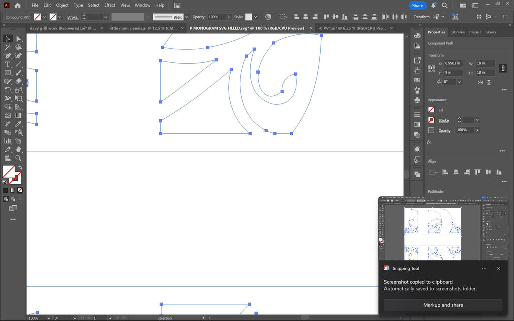 Scroll Serif Split Letter R Monogram vector paths in design software