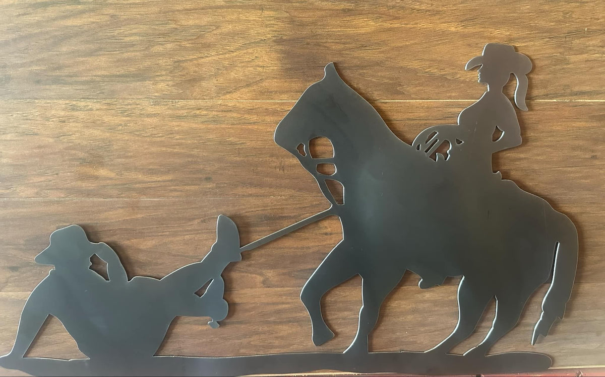 Cowgirl Dragging Rodeo Sign finished metal example