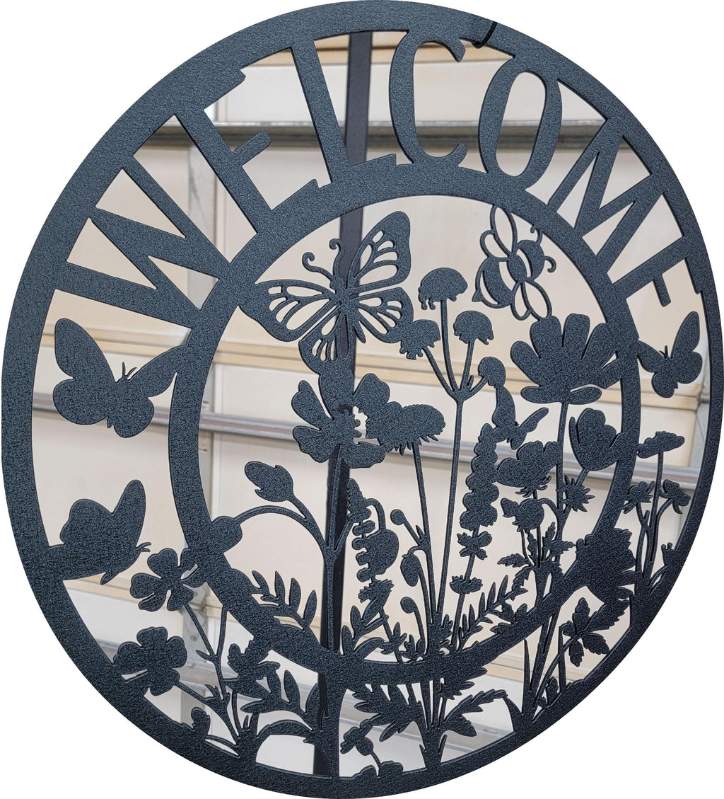 Wildflower Welcome Circle Sign finished metal example