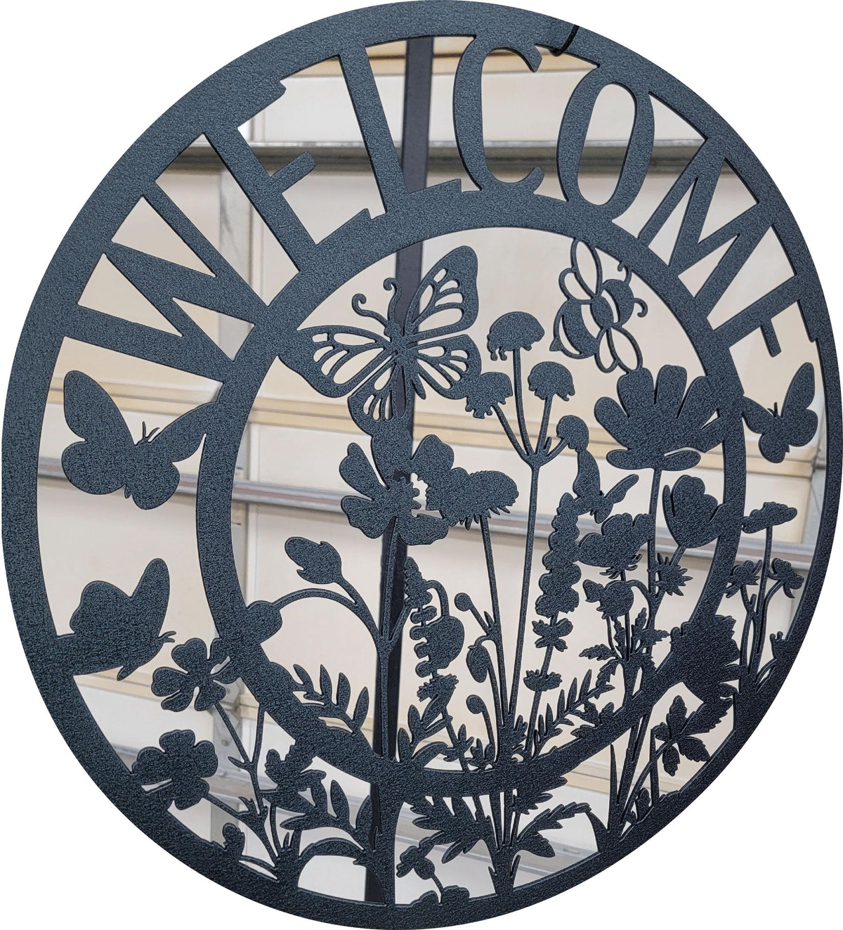 Wildflower Welcome Circle Sign finished metal example