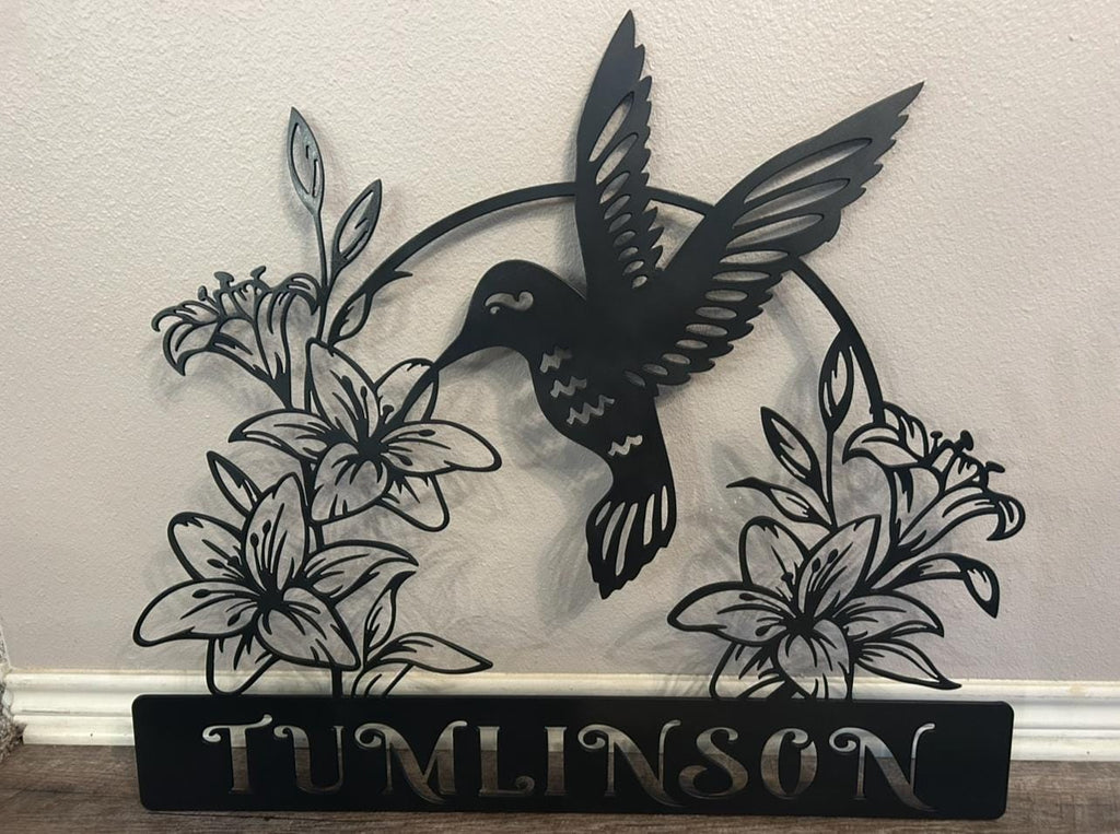 Hummingbird and Lilies Welcome Sign finished metal example