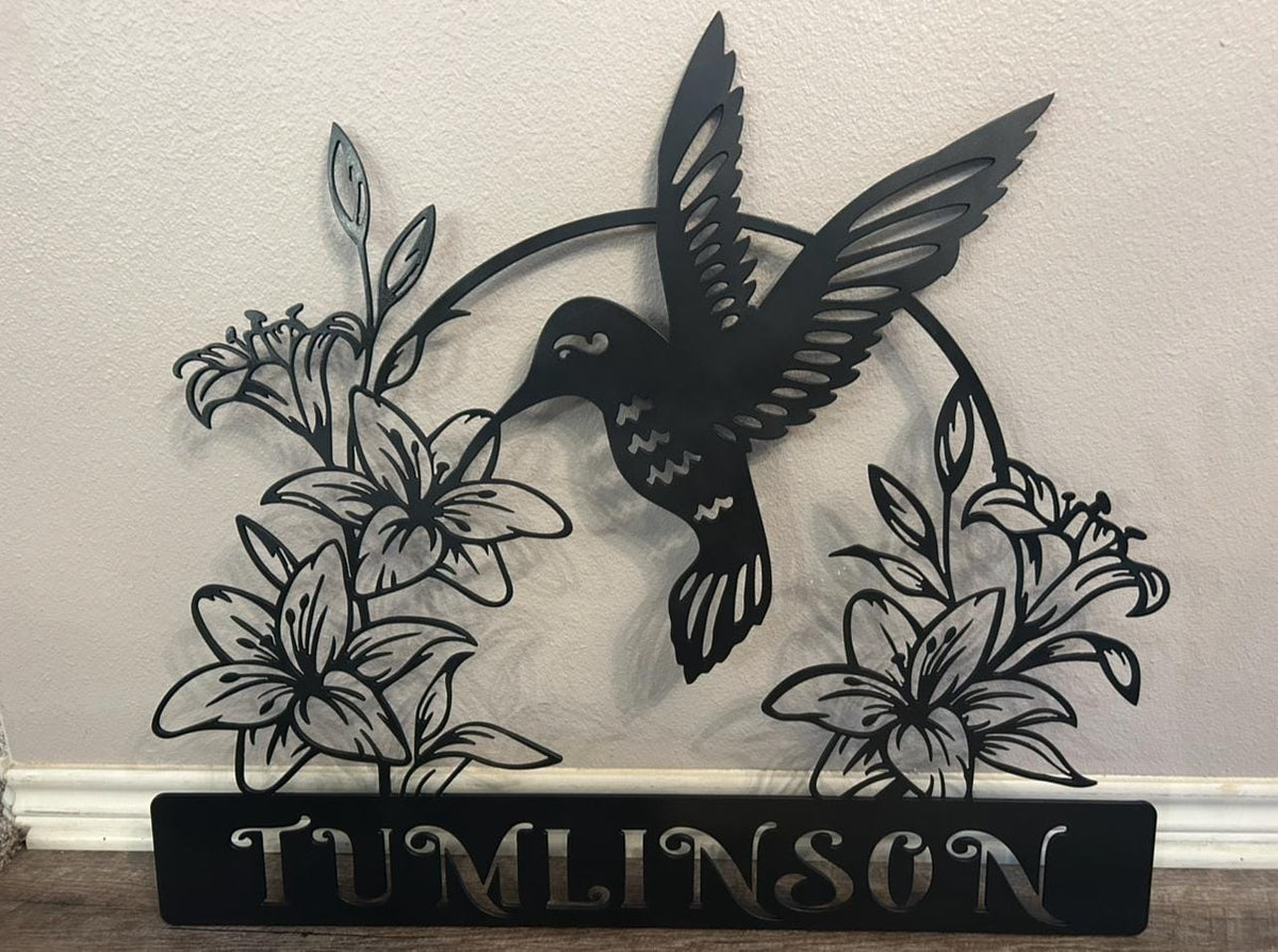 Hummingbird and Lilies Welcome Sign finished metal example