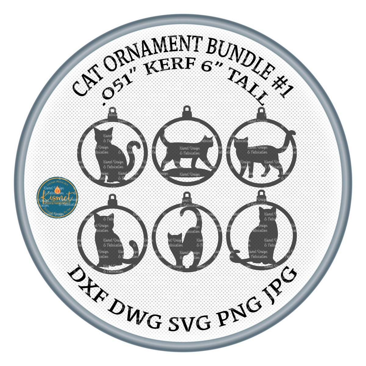 Six Cat Christmas Ornaments DXF/SVG design preview with file details