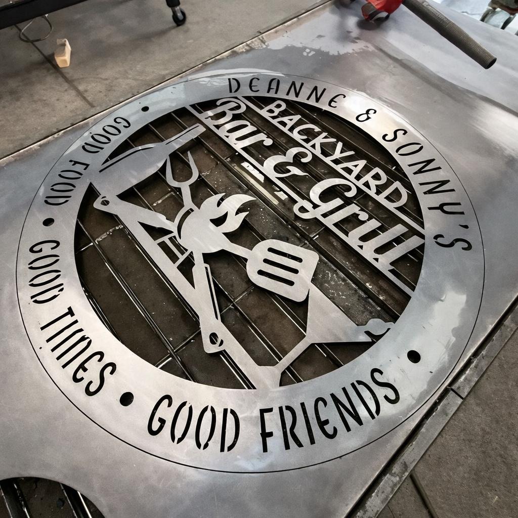 Backyard Bar and Grill Round Sign finished metal example