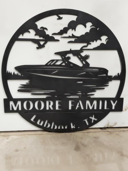 Personalized Speedboat Lake Sign finished metal example (photo 2)
