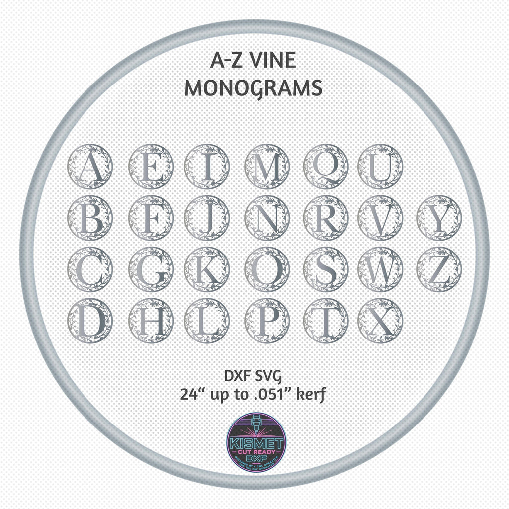 A–Z Vine Letter Monograms DXF/SVG design preview with file details