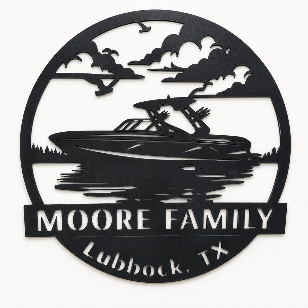 Personalized Speedboat Lake Sign finished metal example