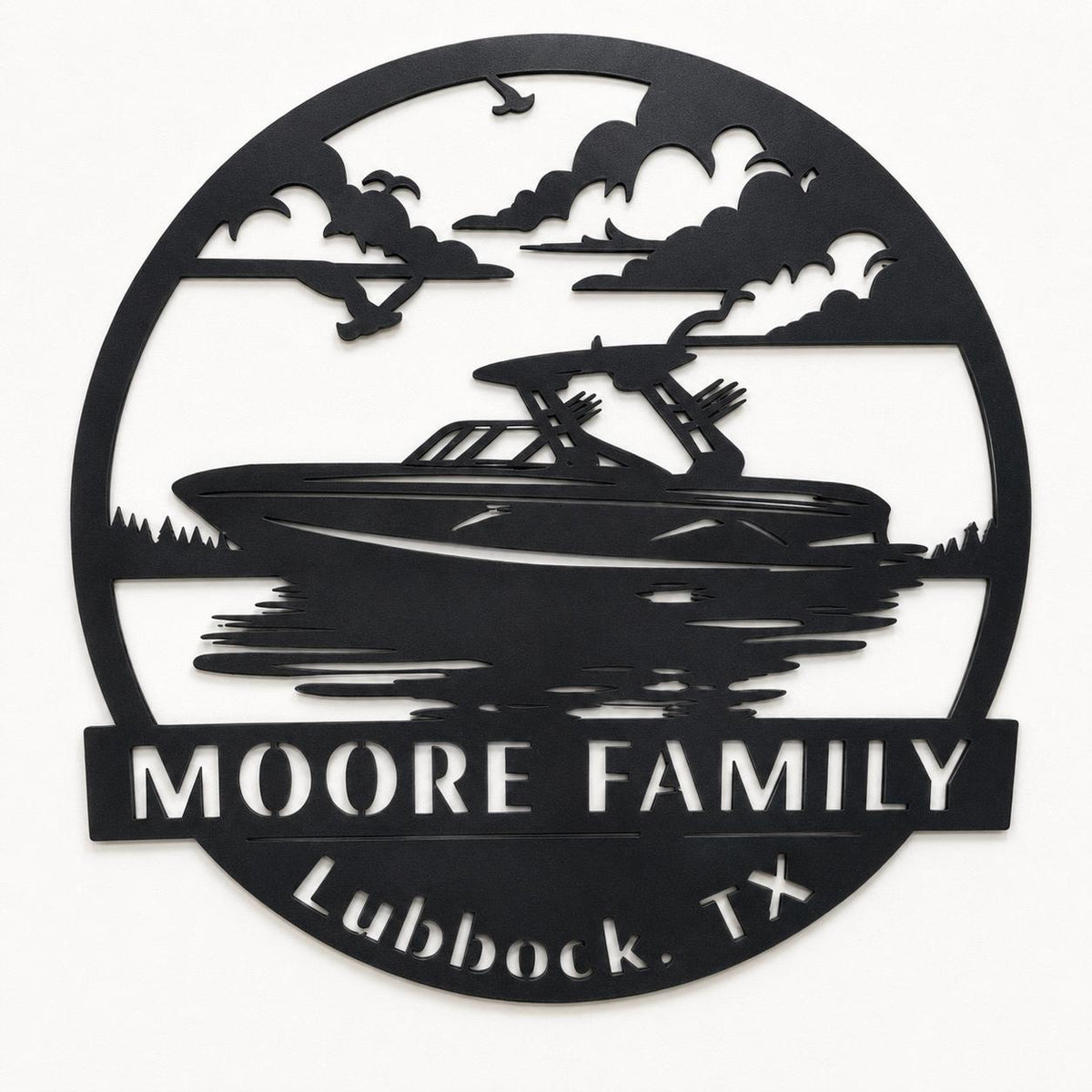 Personalized Speedboat Lake Sign finished metal example