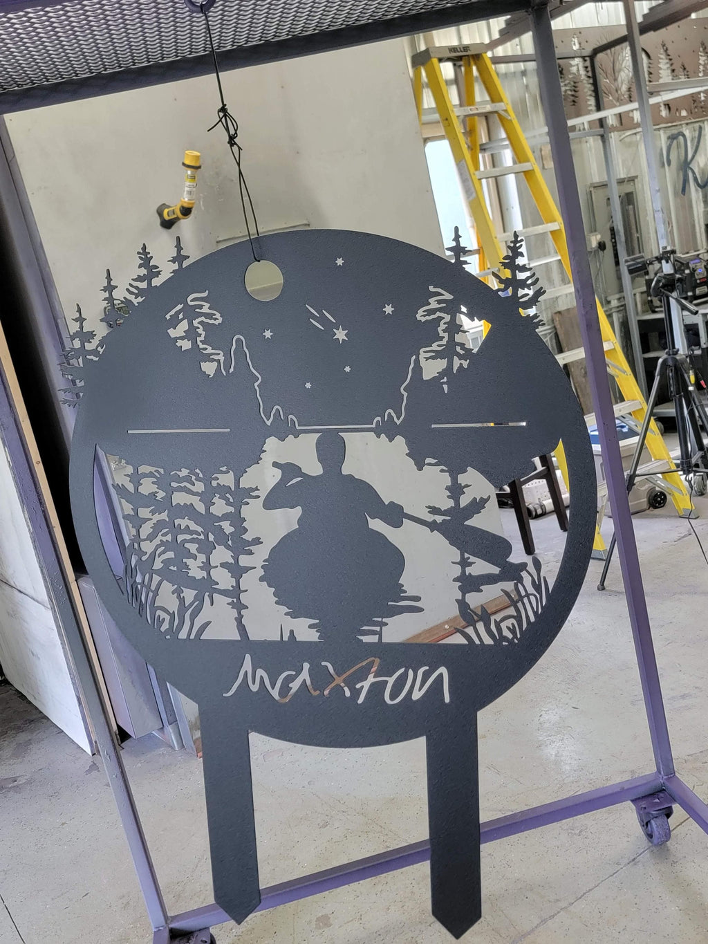 Personalized Round Lake Scene Yard Stake finished metal example
